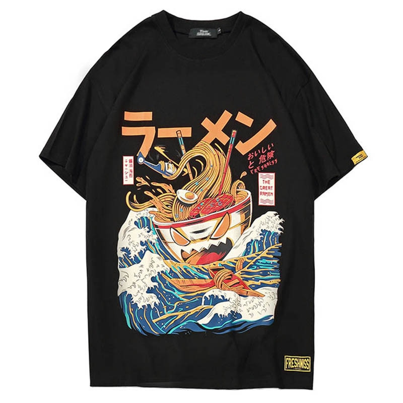 Noodles Plate on Waves Printed O-Neck Top