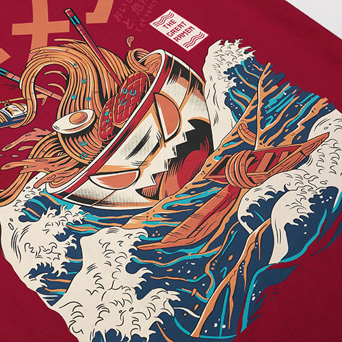 Noodles Plate on Waves Printed O-Neck Top