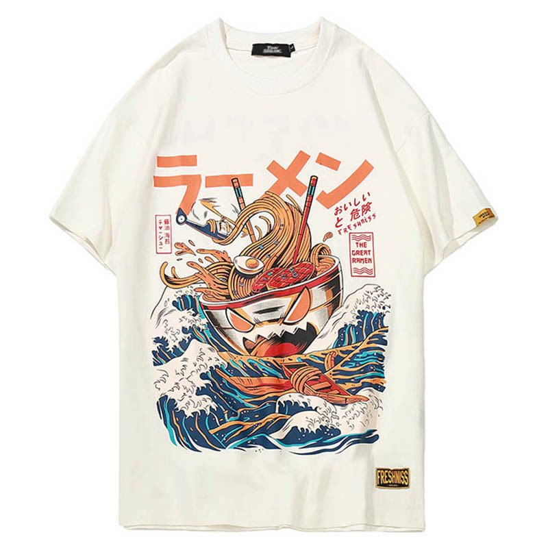 Noodles Plate on Waves Printed O-Neck Top
